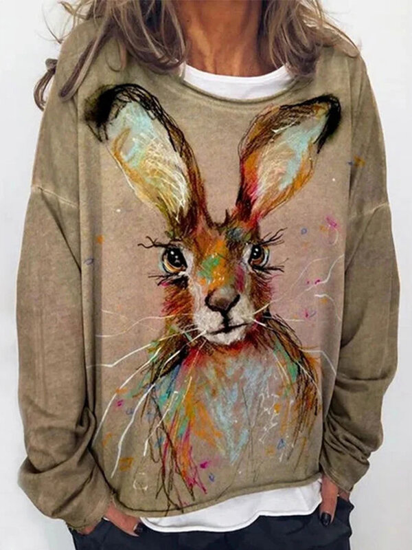 Sweat-shirt décontracté pour femme, pull de rue lapin mignon, col rond, manches longues, animal 3D, automne, 2023
