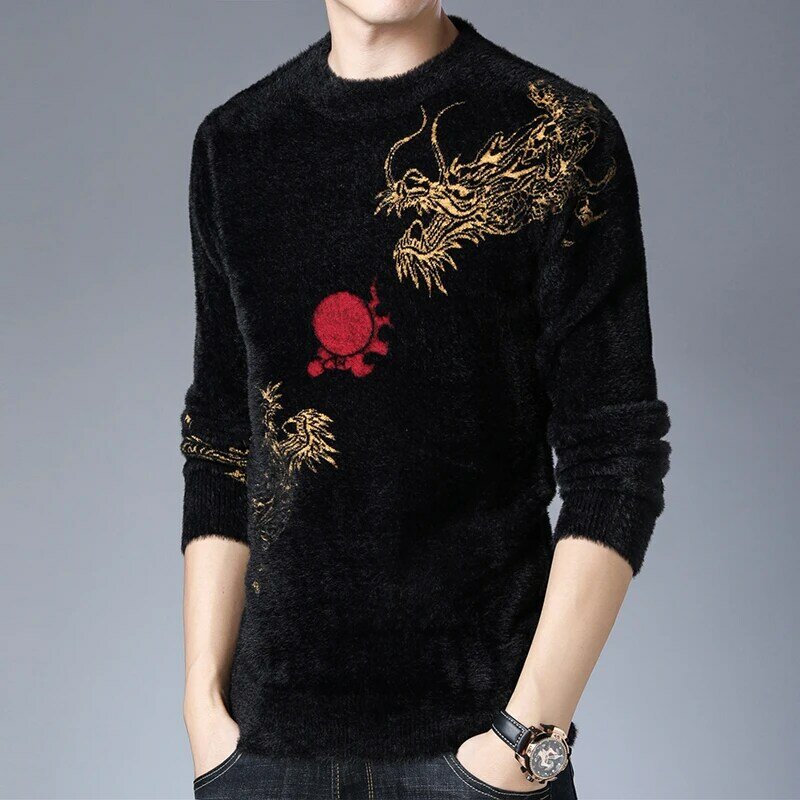 Diao Plush Sweater Round Neck Men's Bottom Sweater, Winter Trend, Fashionable Slim Fit, Plush and Thickened Warm Top