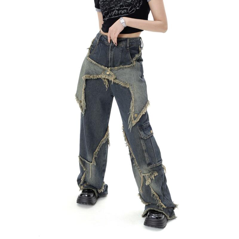 Jeans kasual Y2K retro tambalan high street niche, jeans ukuran besar dengan celana kaki lebar gaya Eropa dan Amerika
