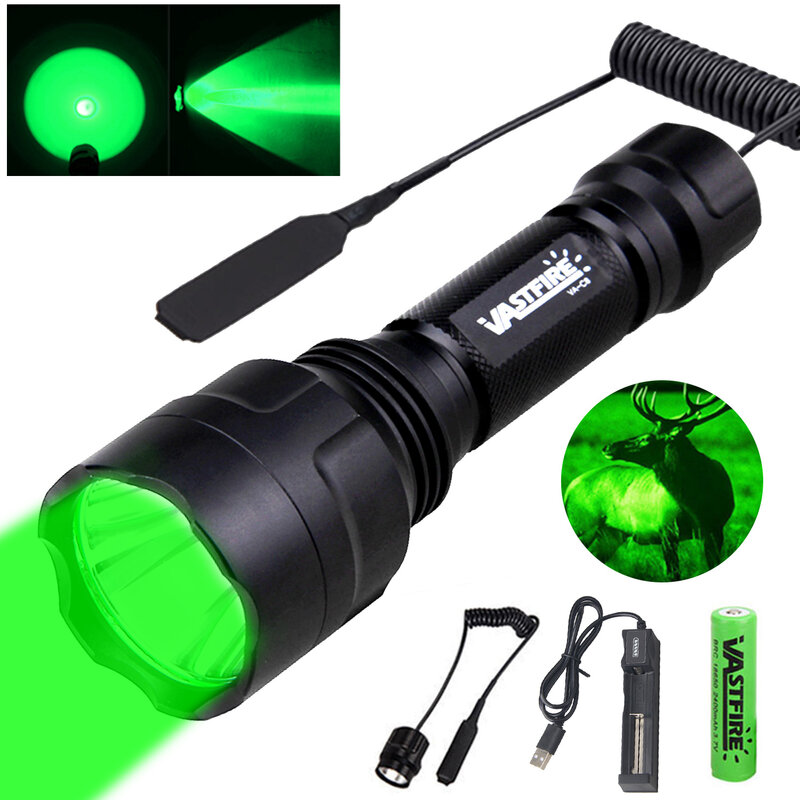 350LM 600-800 Yards Range C8 Green LED Hunting Flashlight Tactical 1-Mode Torch USB Rechargeable Lantern Power by 18650 Battery