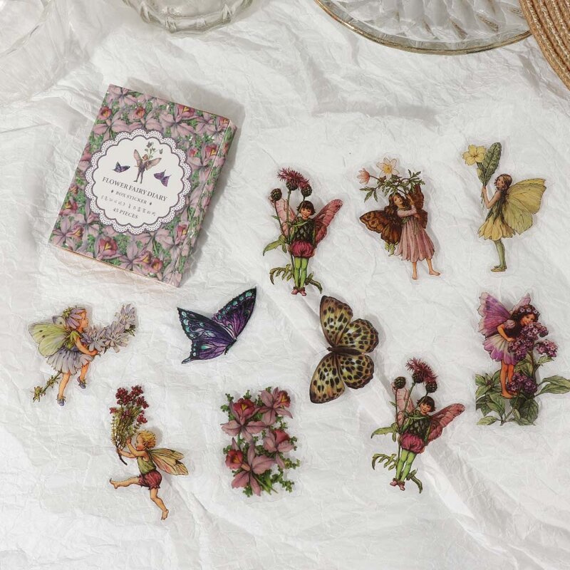 40/45 Buah/Kotak Stiker Hewan Peliharaan Tahan Air Peri Kupu-kupu Label Dekoratif Elfin Bunga Antik untuk Jurnal Buku Tempel