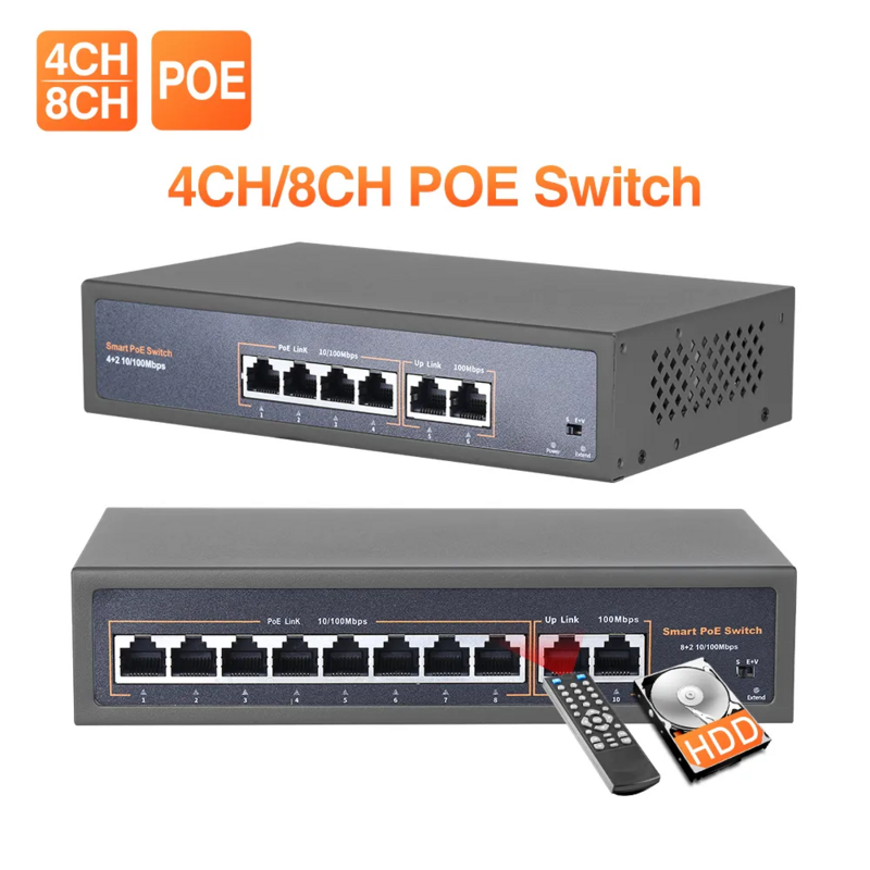 Techage-Switch POE de rede para câmera IP Ethernet, AP sem fio e sistema de câmera CCTV, 4CH 8CH 52V, 10 Mbps, 100Mbps, IEEE 802.3 af