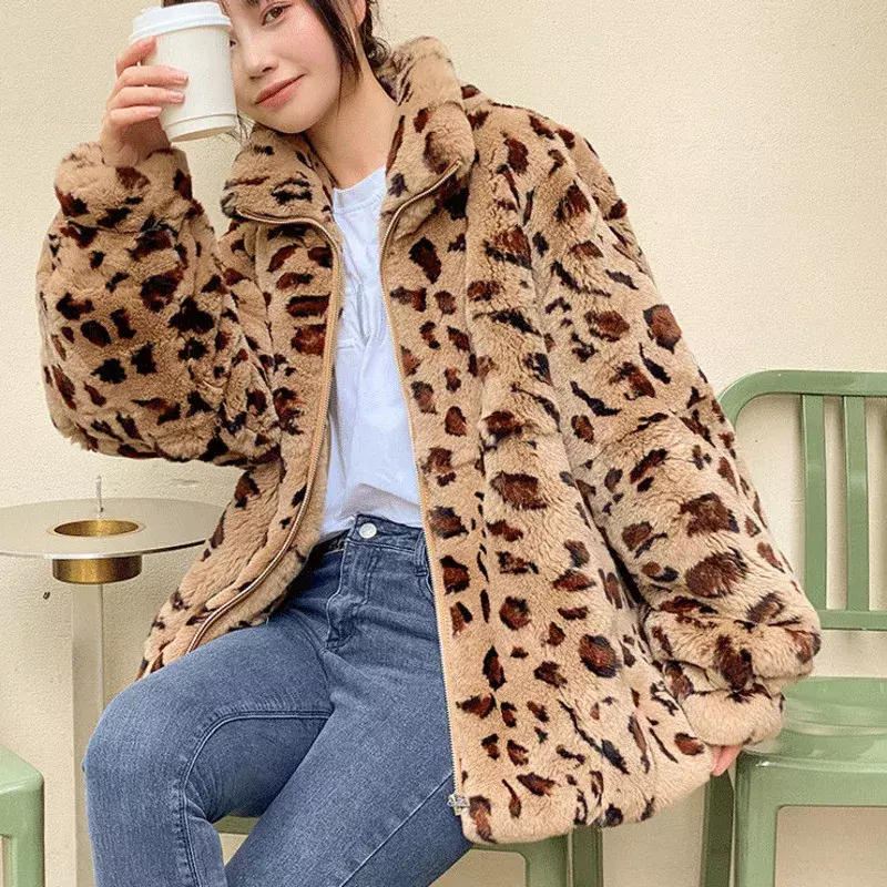 Женское короткое пальто из овечьей шерсти, свободное теплое пальто с леопардовым мехом и плюшевой подкладкой, модель N176 в Корейском стиле на осень и зиму, 2024