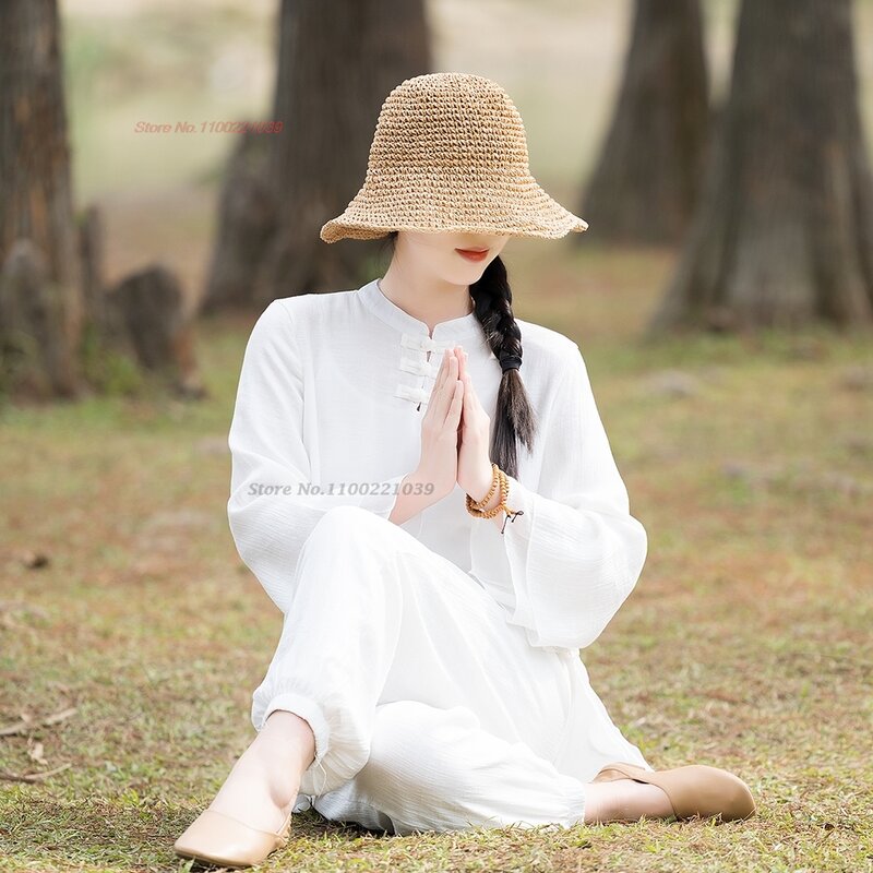 2024 traditional chinese vintage set breathable cotton linen tops+pants suit meditation zen suit yoga outdoor walking sports set