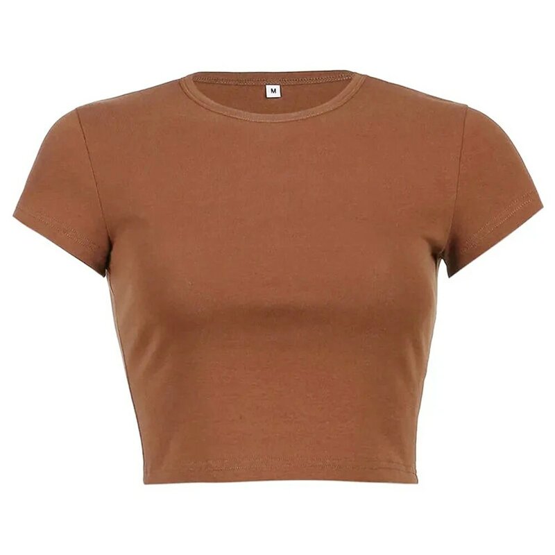 Женский короткий топ, летние футболки с коротким рукавом, Женская однотонная Базовая футболка, пуловер с круглым вырезом, рубашка, Простые Топы