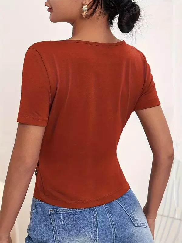 Pakaian Wanita Atasan kancing berongga, baju YBF46-3 lengan pendek tempramen gaya pendek kasual pas di badan 2024