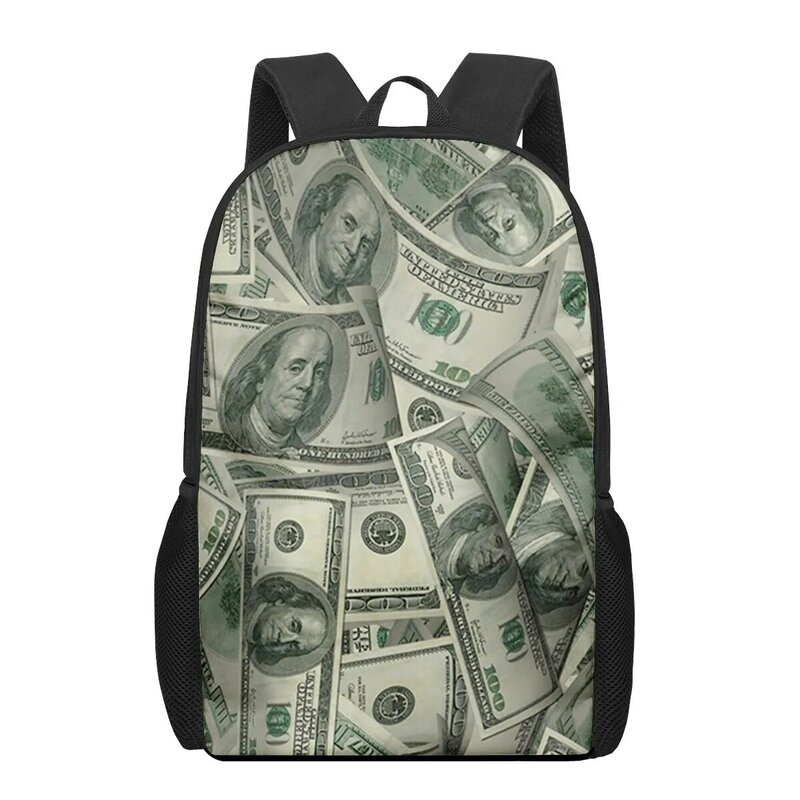 Tas sekolah anak laki-laki perempuan, tas ransel perjalanan harian remaja, tas buku kasual uang USD pola dolar