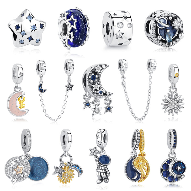 Oryginalna 925 srebrna zawieszka dla kobiet księżyc gwiazda kosmiczna Charms kryształowe koraliki pasujące do bransoletek Pandora naszyjniki DIY biżuteria