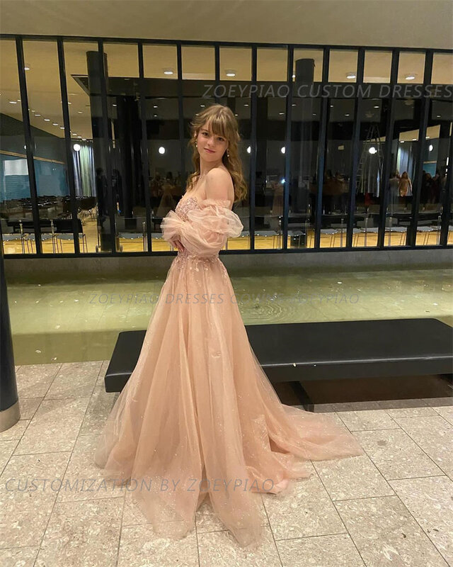 Zakurzone różowy tiul linii długie suknie wieczorowe aplikacja kochanie eleganckie damska suknia balowa formalne sukienki na przyjęcie vestidos de fiesta