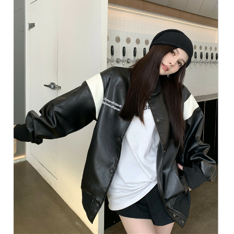 Vintage Streetwear jaket pendek wanita, mantel motor tren Korea longgar Hip Hop jalanan 2023