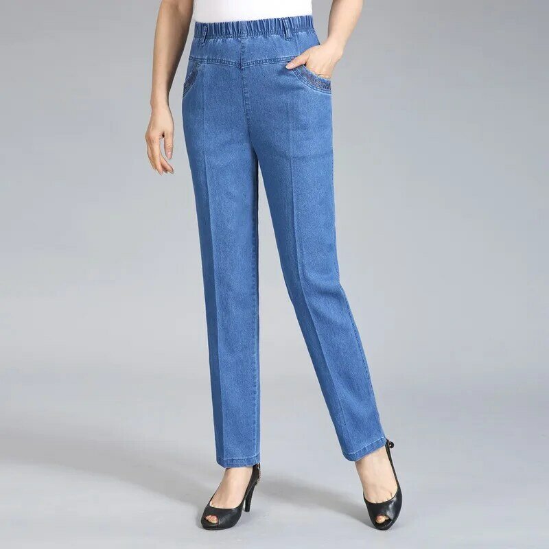 Новые джинсы для женщин среднего возраста, джинсы свободного кроя, женские джинсы с высокой талией, повседневные эластичные прямые брюки для мам