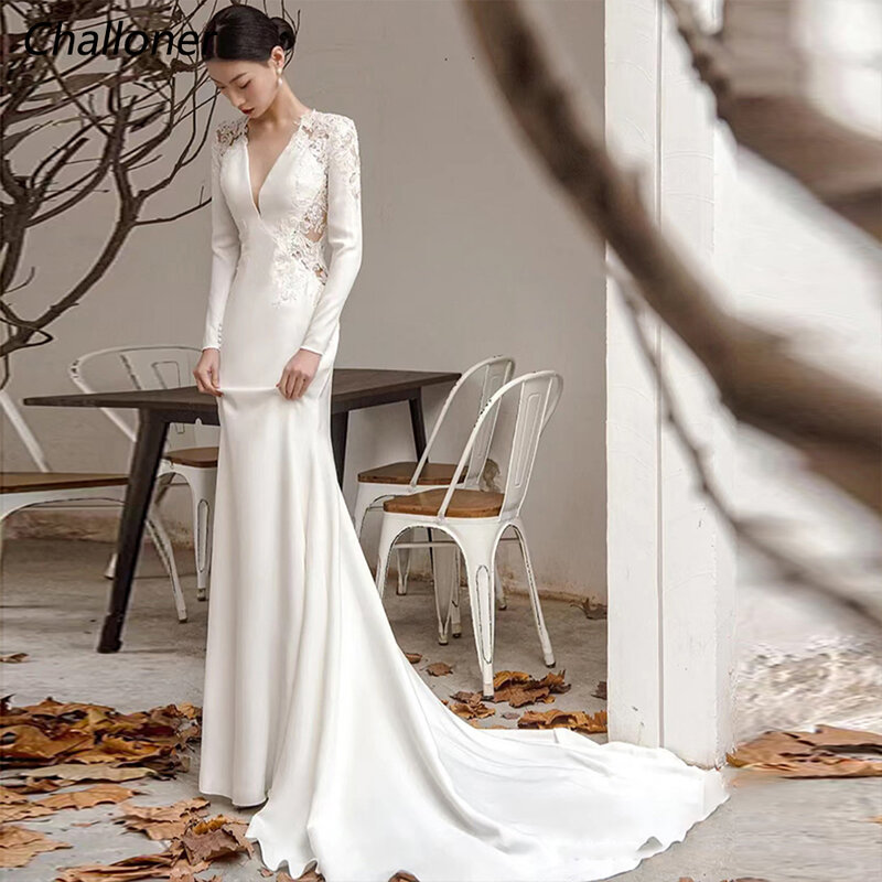 Challoner Elegant Wedding Dress V-Neck Long Sleeves Lace Appliques Illusion Button Bridal Gowns Floor Length Vestido De Novia