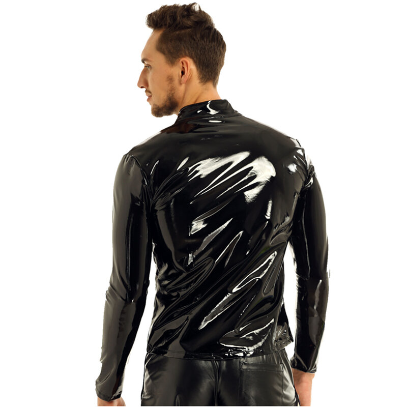 Männer Shiny Metallic Langarm Front-Zip Stehkragen Tops Wet Look Patent Leder Nachtclub Stil T-shirt Top Mantel