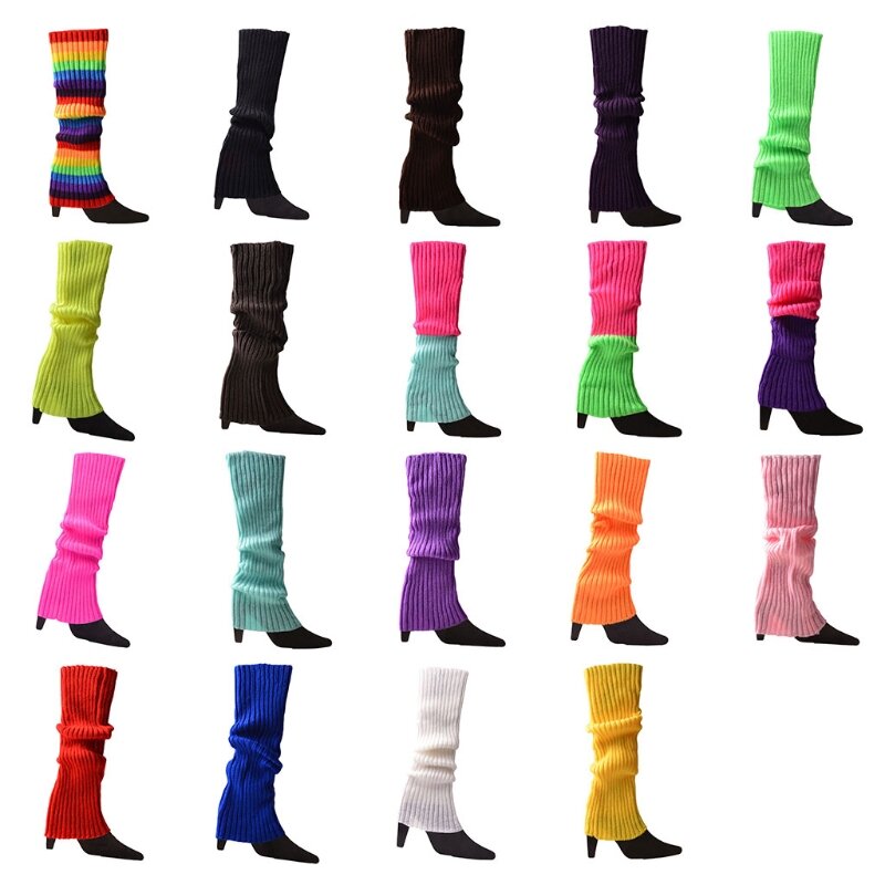 Женские вязаные гетры для катания на коньках 80-90-х, неоновые радужные полосатые крючком носки до колена в рубчик, аксессуары вечерние