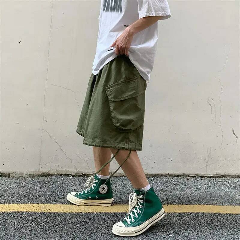 Mode Koreaanse Grote Zak Werkkleding Straight Shorts Heren Zomer Y 2K Street Hiphop Trendy Merk Effen Kleur Casual Losse Broek