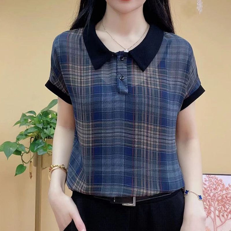 Female Clothing Vintage Plaid Blouse Casual Peter Pan Collar 2024 Summer Stylish Button Spliced Commute Loose Short Sleeve Shirt
