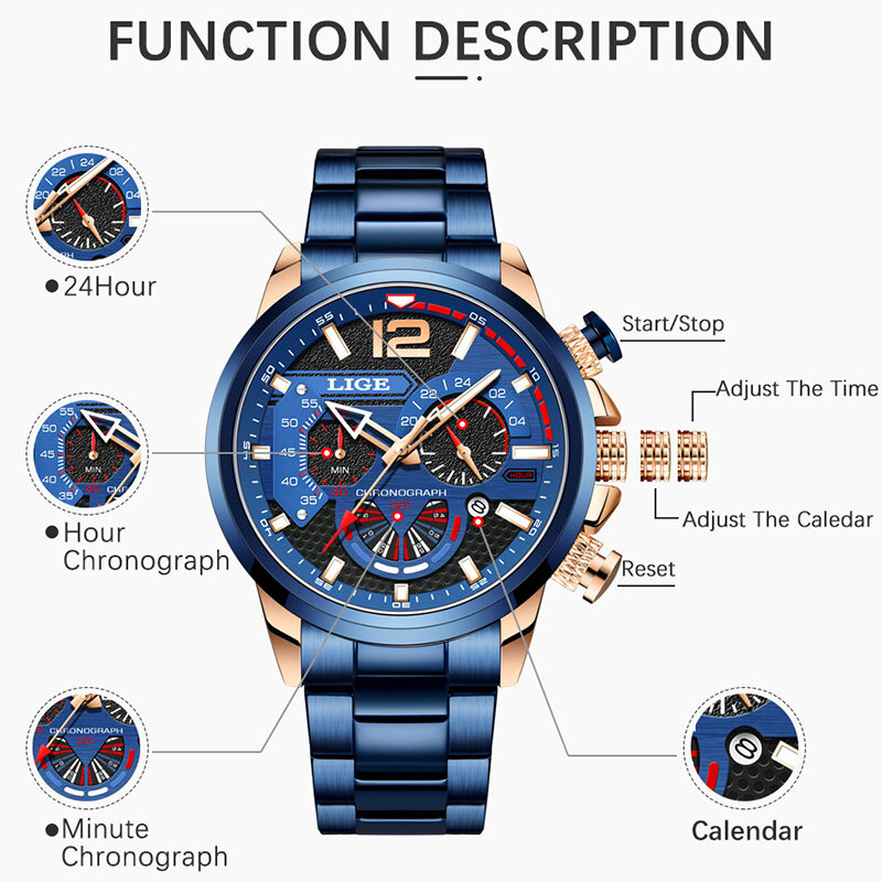 Lige relógios de aço inoxidável dos homens de luxo grande relógio de quartzo à prova dwaterproof água relógio de pulso esportes cronógrafo relogio masculino