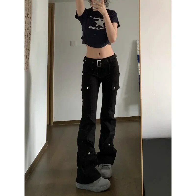 QWEEK Y2k celana Jin kargo pakaian jalanan Wanita celana Denim model Korea Vintage Gyaru Gotik Grunge Denim ketat modis warna hitam