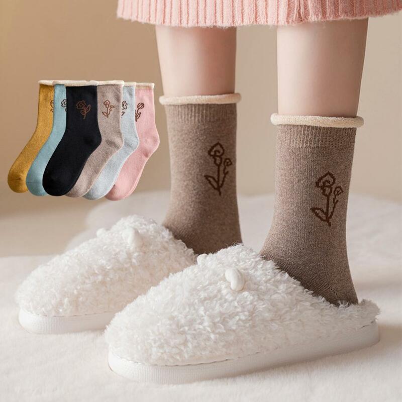1 Pair Mid-Tube Ribbed Cuffs High Elasticity Women Socks Winter Floral Print Thickened Fleece Lining Thermal Socks Daily Wear