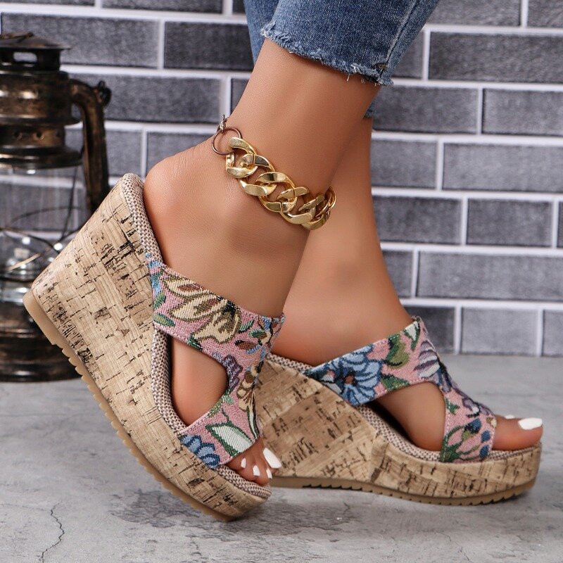 Summer New Wedge Heel Thick-soled Women's Flip-flops with Fabric Printing Fashion and Elegant Daily Outdoor Women's Slippers