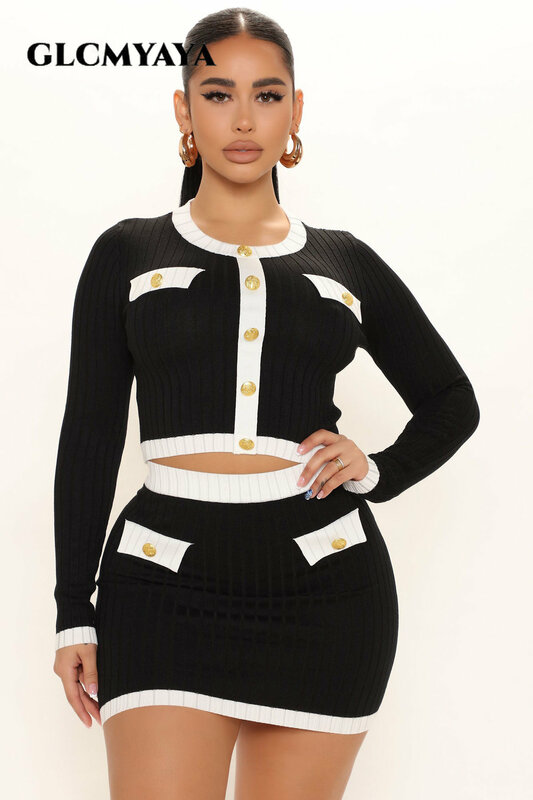 GLCMYAYA Vintage Knit Ribbed Patchwork Women Midi Mini Bodycon Skirt Suit and Long Sleeve Sweater 2023 Chic Ins Two 2 Piece Set