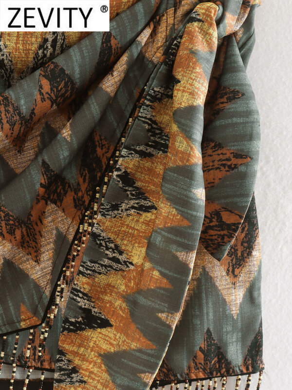 Zevity impressão geométrica do vintage feminino atada mini sarong saia faldas mujer beading borla casual zíper vestidos qun1436