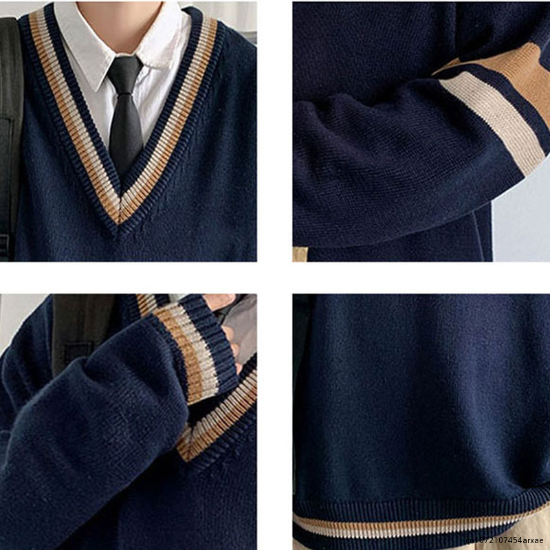Suéteres empalmados con cuello en V para hombres, ropa de punto Vintage, Jersey suelto para estudiantes, Harajuku, Universidad japonesa, otoño
