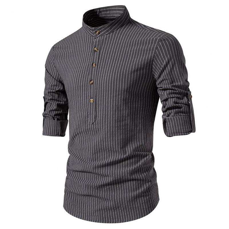 Camisa de negocios con cuello levantado para hombre, camisa de manga larga, transpirable, ajustada, a rayas, elegante, otoño