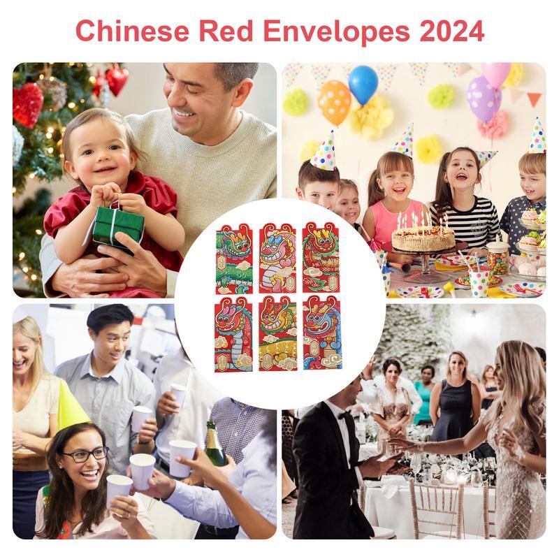 Amplop merah Cina 6 buah kantong merah 2024 Naga Tahun Baru amplop kartun naga emas Foil Hong Bao paket uang baru