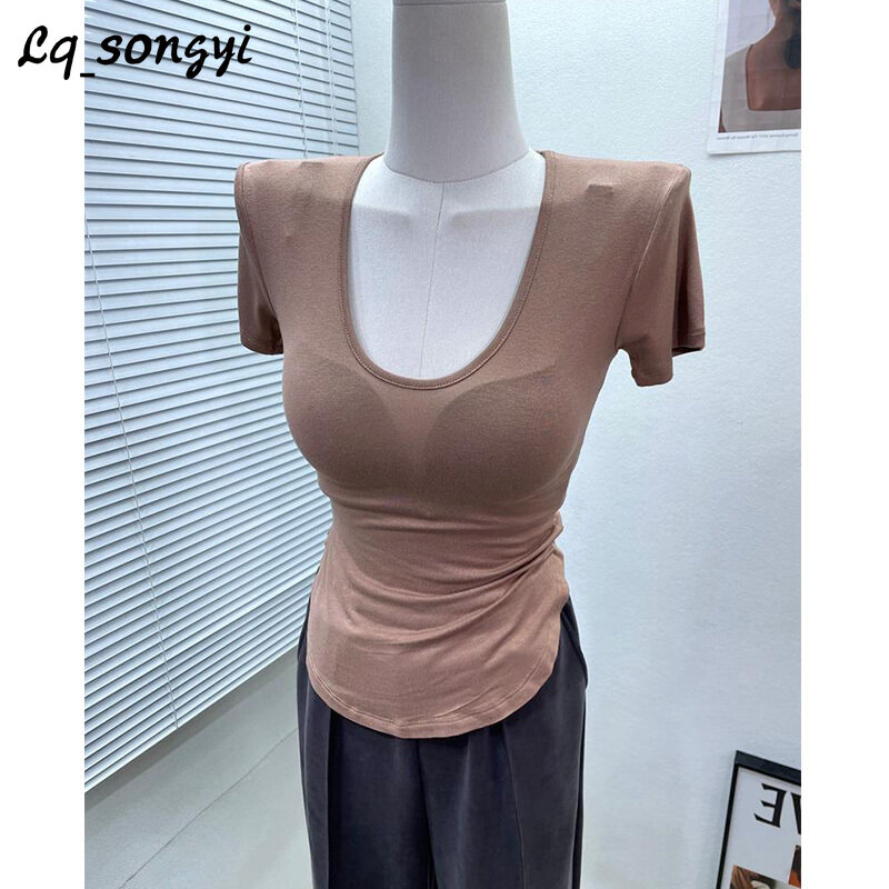 Lq_songyi T Shirt leher sendok ramping dasar 2024 wanita t-shirt tipis Solid tembus pandang atasan lengan pendek musim semi musim panas tinggi