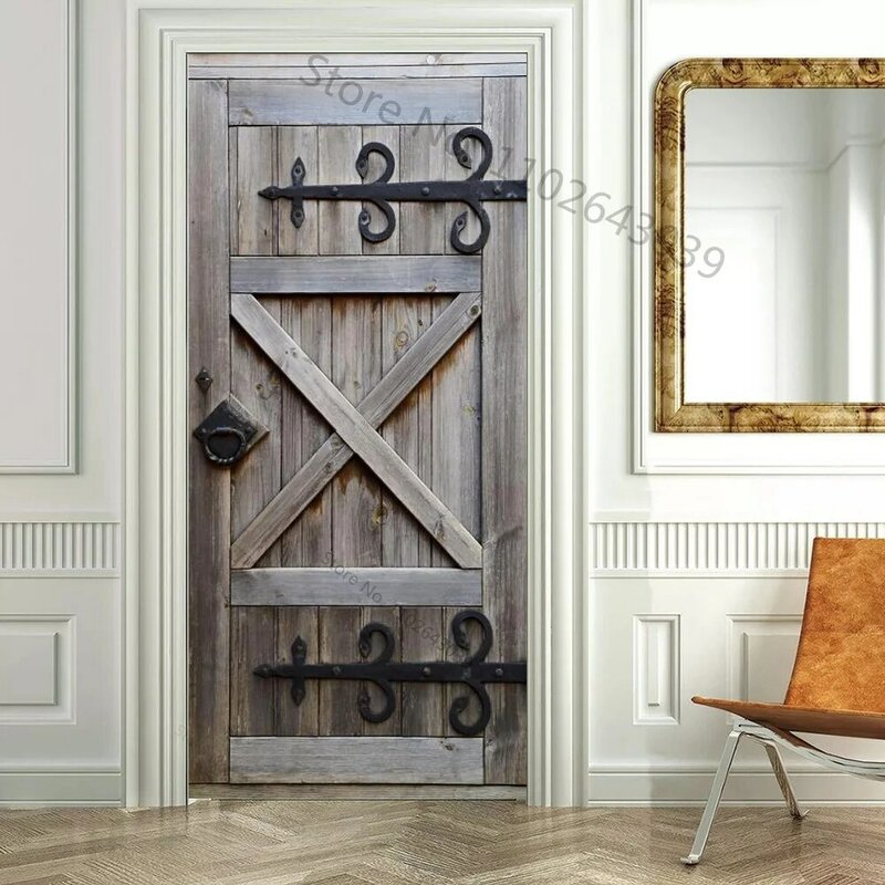 Pegatina de puerta de grano de madera, Mural de puerta 3D, pelar y pegar, papel tapiz de diseño Retro autoadhesivo impermeable extraíble para decoración del hogar