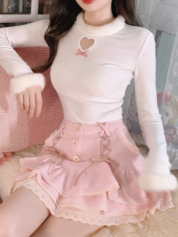 Rok Mini wanita Kawaii Jepang Lolita rok wanita musim dingin renda kasual elegan manis rok wanita perban pinggang tinggi rok Korea baru 2024