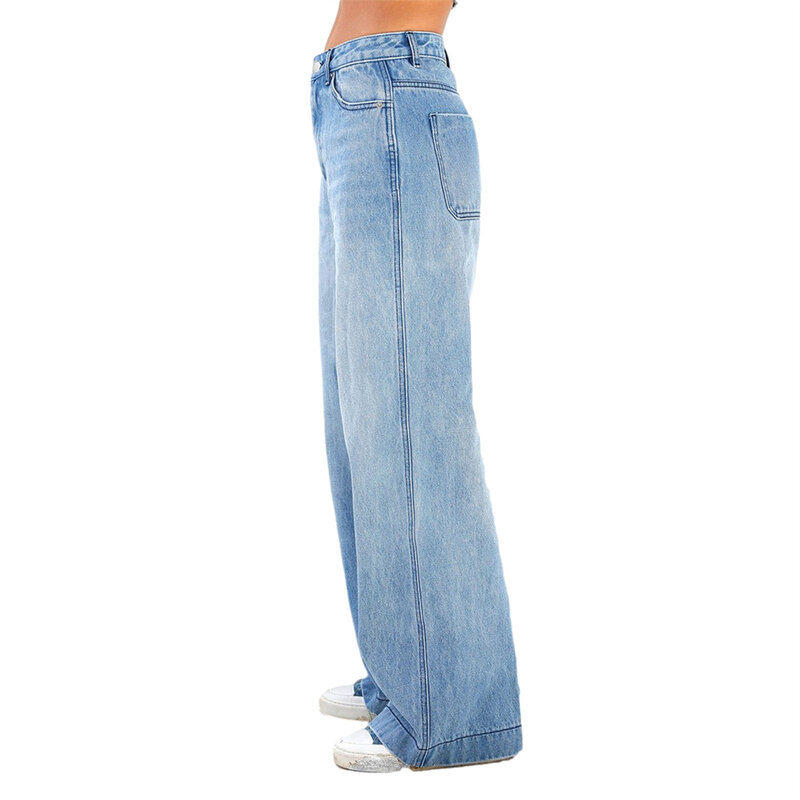 Women Jeans Solid Color Wide Leg Denim Pants Casual Loose Baggy Trousers with Pockets Boyfriend Y2K E-Girl Streetwear