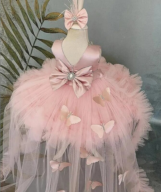Vestido de niña hinchada rosa con tren, vestido de niña de flores con lazo, bonito vestido de cumpleaños para niño, primera comunión