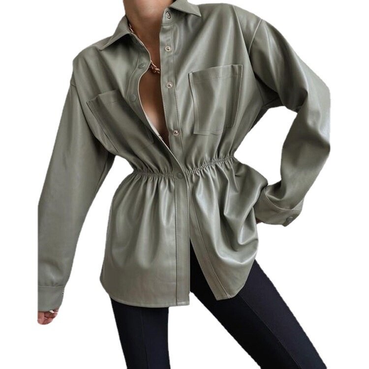여성용 싱글 브레스트 가죽 의류, 새로운 허리 수축 레저 스타일, 2024 용수철 및 가을 레저 패션