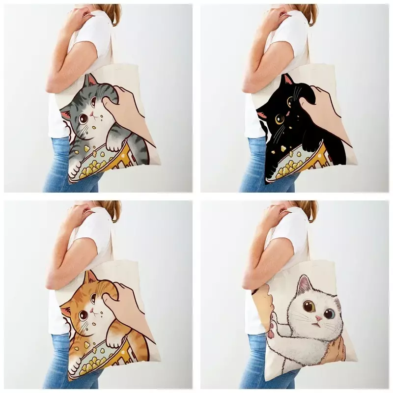 BBA171 tas belanja dua sisi wanita, tas kanvas hewan peliharaan lucu kasual kucing kartun dapat digunakan kembali