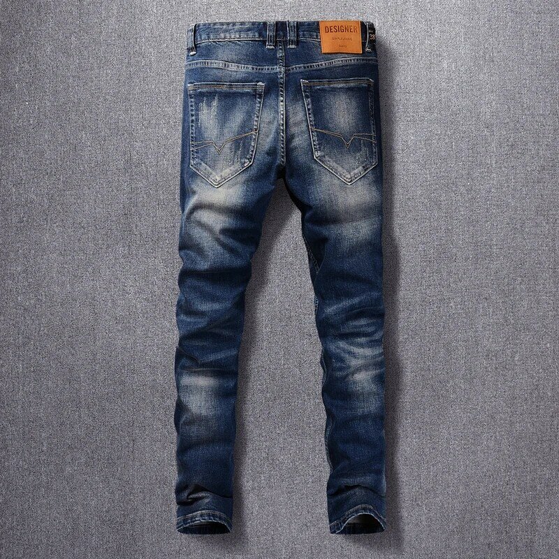 Fashion celana Jeans Vintage pria, Retro biru gelap melar elastis Slim Fit robek Jeans Pria bordir desainer kasual celana Denim Homme