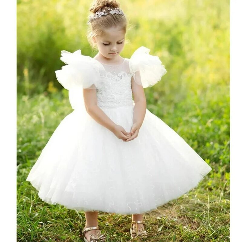 Vestido de tul blanco de flores hinchadas para niña, vestido de fiesta de cumpleaños, baile de graduación, Princesa de Ángel encantador, apliques de boda