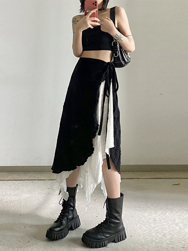 ผู้หญิง Harajuku Y2k กลางกระโปรงยาวไม่สม่ำเสมอ Spliced Streetwear Vintage Design Mori สาว Gyaru ความงาม Party MODE Korea
