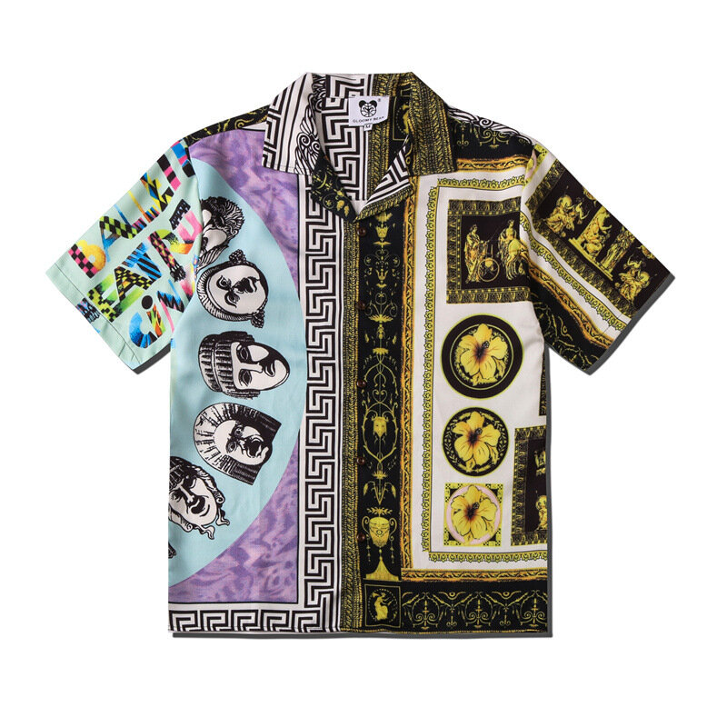 Fashion Patchwork Short Sleeve Oversized Hawaiian Beach Shirts For Men Summer New Mens Vintage Ethnic Style Print Striped Shirt