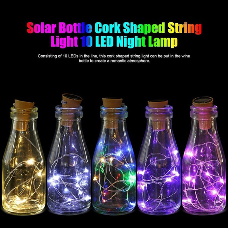 Lampu setrip LED tenaga surya 1/2M, botol Wine Cork lampu Festival luar ruangan, berbentuk peri cahaya LED tali kawat tembaga
