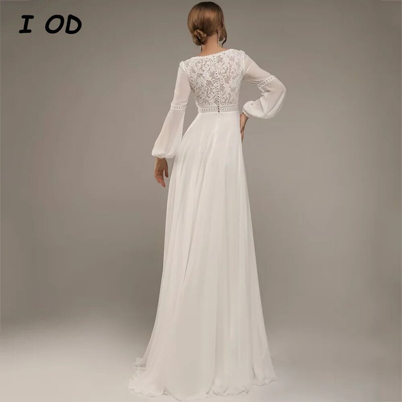 I OD Deep V-Neck Wedding Dress Puff Long Sleeves Applique Button Back Floor Length Chiffon Bridal Gown A-Line Vestidos De Novia