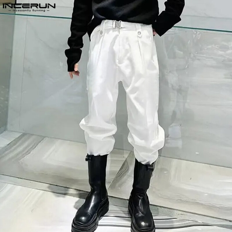 INCERUN-Calças masculinas de cor sólida estilo coreano, streetwear de lazer, roupas masculinas com renda, calças compridas de carga, novo, 2022