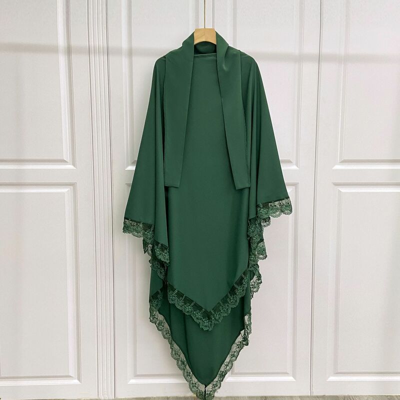 Ramadan Lace Long Khimar Hijab Eid Muslim Headcarf Women One Piece Khimars Jubha Islamic Hijabs Musulman Prayer Garment