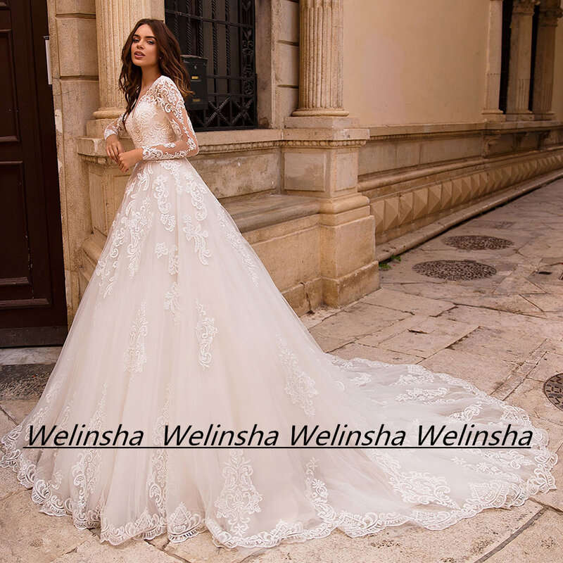 Gaun pengantin renda indah gaun pengantin wanita lengan panjang leher V Applique menyapu kereta Vestido De Noiva gaun pengantin untuk pengantin berenda