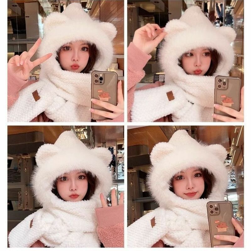 Thickening Hat Scarf Cute Keep Warm Cartoon Bear Hooded Scarf With Gloves Windproof Ear Protection Cap Autumn