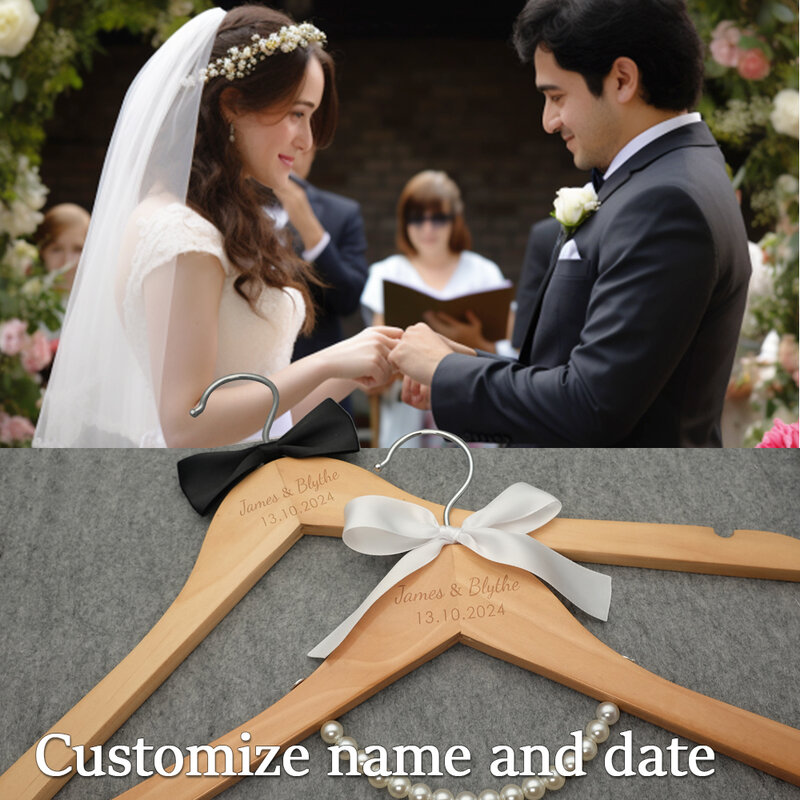 Wood Wedding Hanger, Personalized Bridal Dress Hanger Custom Name Hanger Set for Bride and Groom