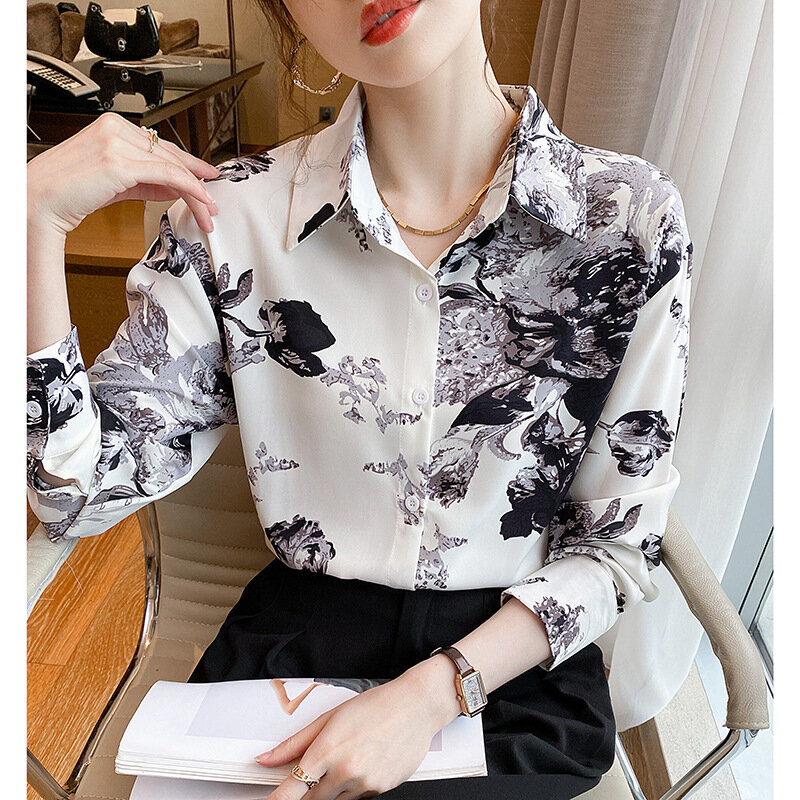 Chemisier à manches longues de style coréen vintage pour femmes, chemise de bureau élégante, chemisier habillé, printemps