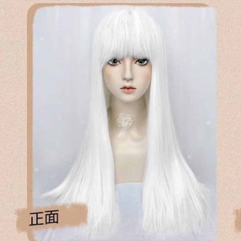 60cm długości proste białe peruki syntetyczne dla kobiet Afro z grzywką codziennie Lolita Cosplay włosy naturalne peruka włókno termoodporne peruka