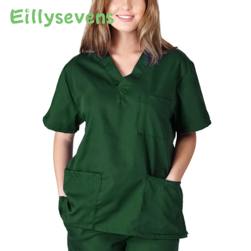 Fashion Scrub Top Hospital Doctor Nurse uniforme da lavoro tinta unita abito chirurgico Unisex con scollo a v Scrub top per donna Top mujer
